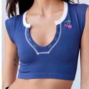 URBAN OUTFITTERS OUT FROM UNDER Navy Blue Crop Top with Cherry Embroidery